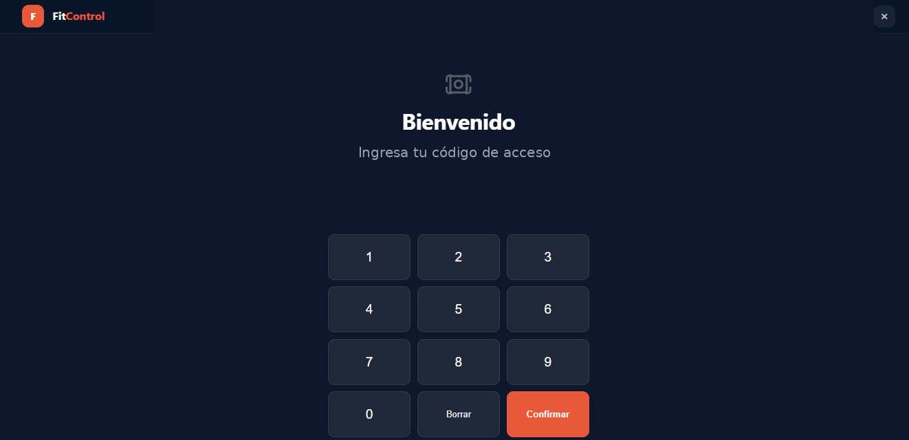 Pantalla de kiosko de FitControl mostrando el ingreso de código de acceso